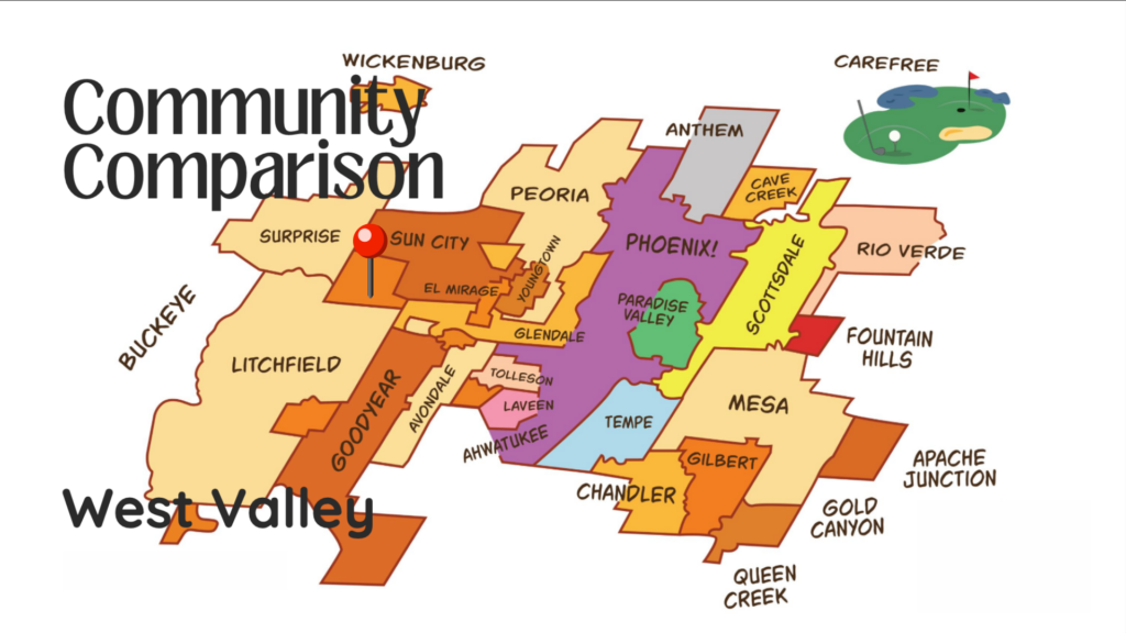 Map of Greater Phoenix Area showing the West Valley with a pin on Luke AFB to show proximity of the cities closest to Luke Air Force Base. Easy map for those commuting to Luke AFB.