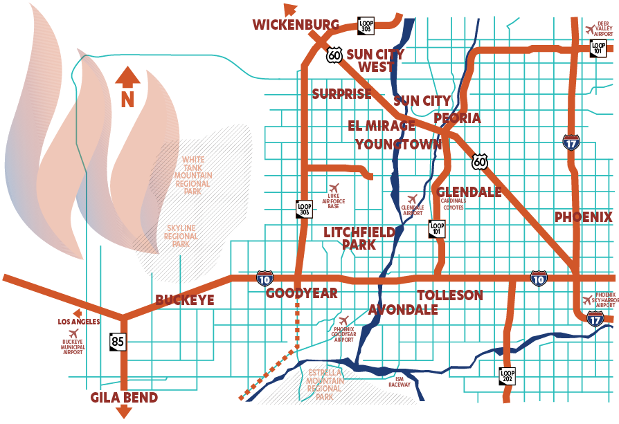 Map of West Valley neighborhoods near Luke AFB including Surprise, Goodyear, Buckeye, Litchfield Park, Glendale, Peoria, and Wittmann. Best neighborhoods near Luke AFB.