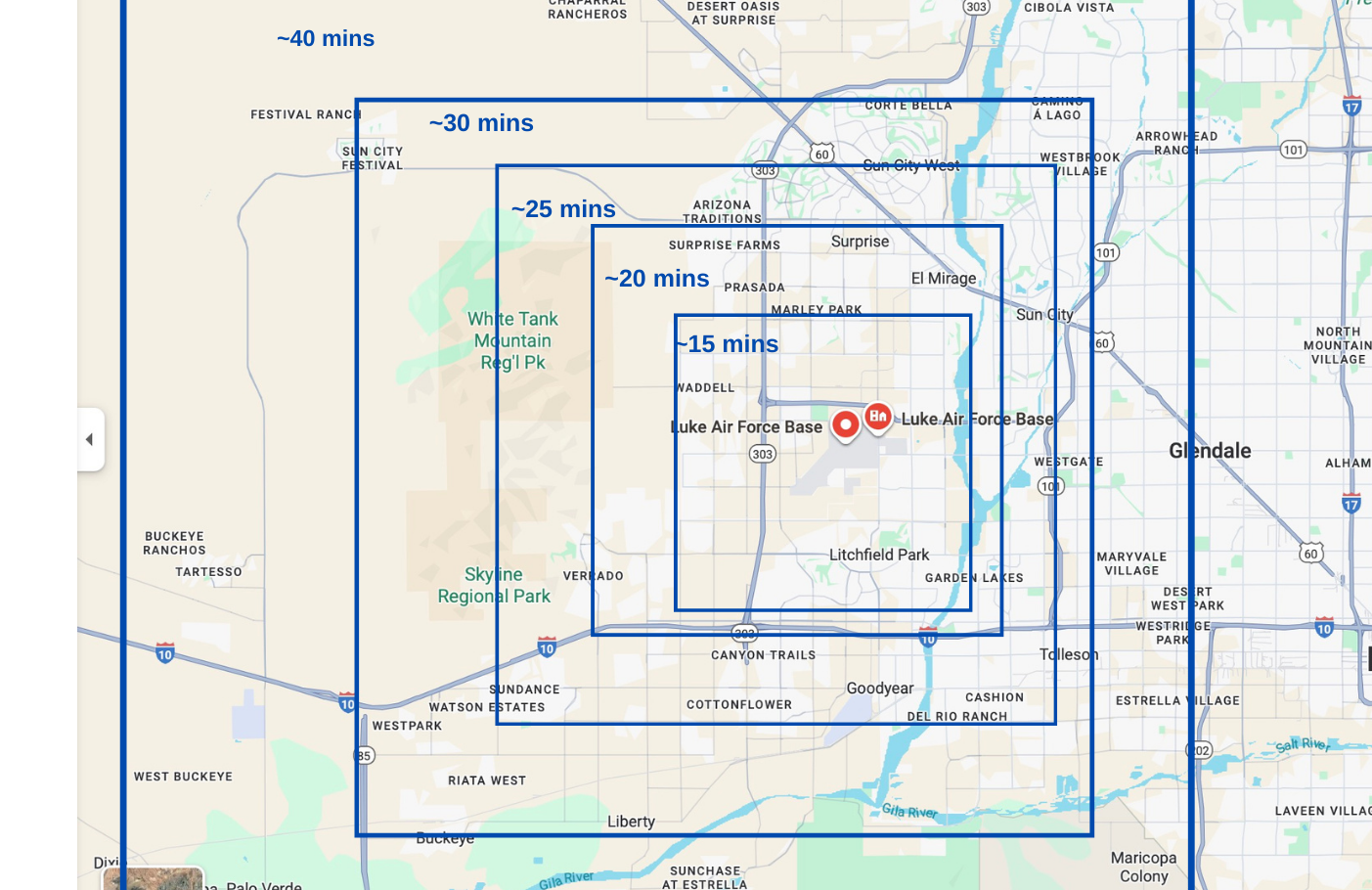Map showing 15, 20, 25, 30 and 40 minute commute zones around Luke Air Force Base in Arizona
