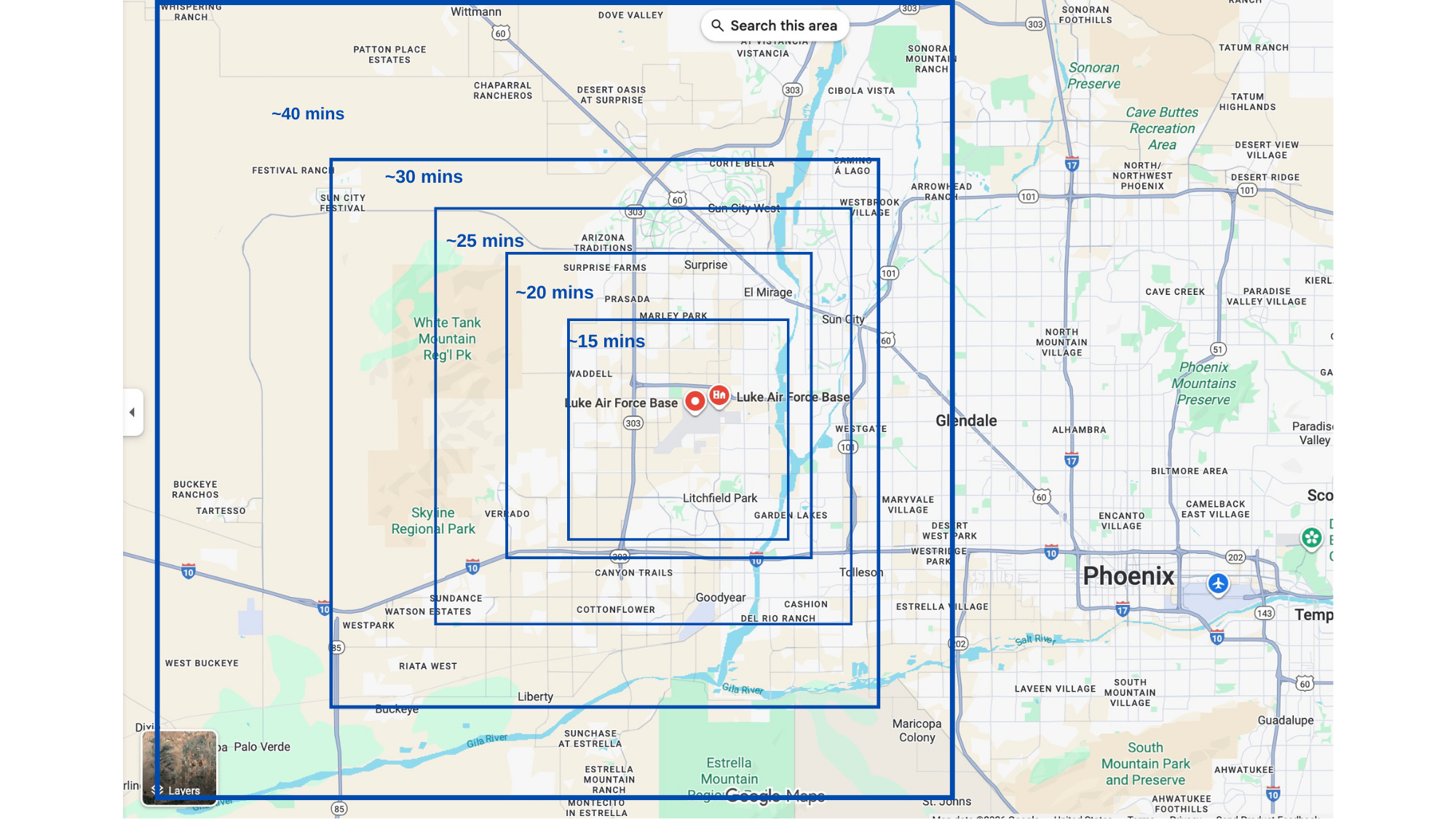 Map showing 15, 20, 25, 30 and 40 minute commute zones around Luke Air Force Base in Arizona. Buying a home near Luke AFB reference map.